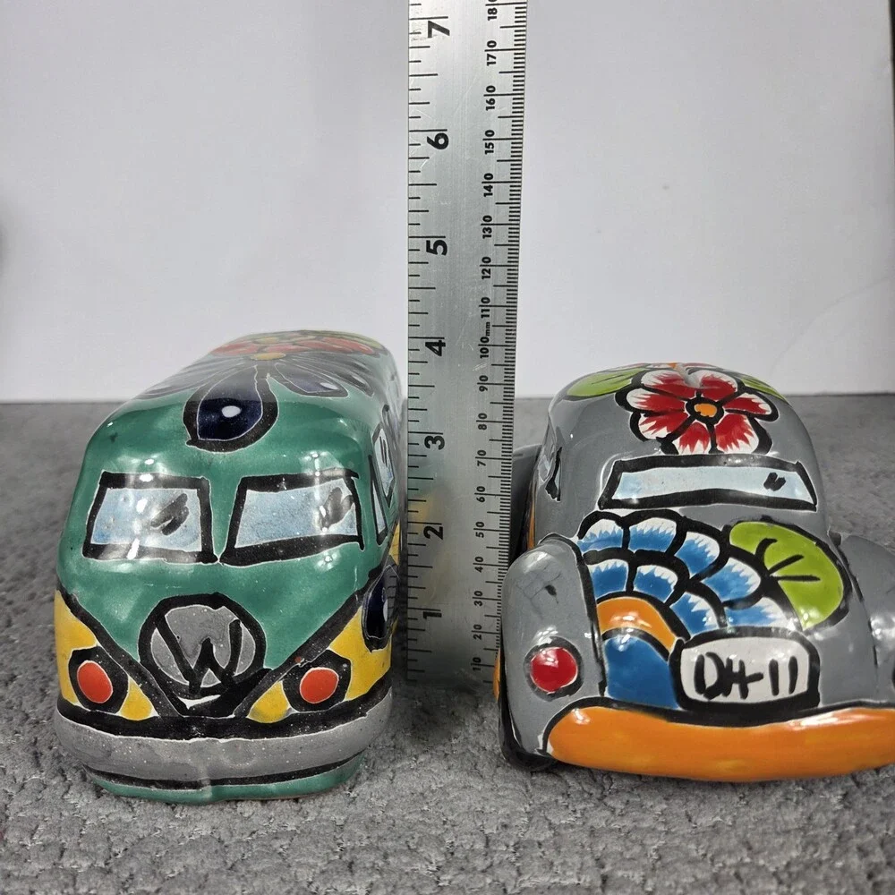 Talavera Pottery Hand Painted VW Beetle And Bus Figurines Mexican Art